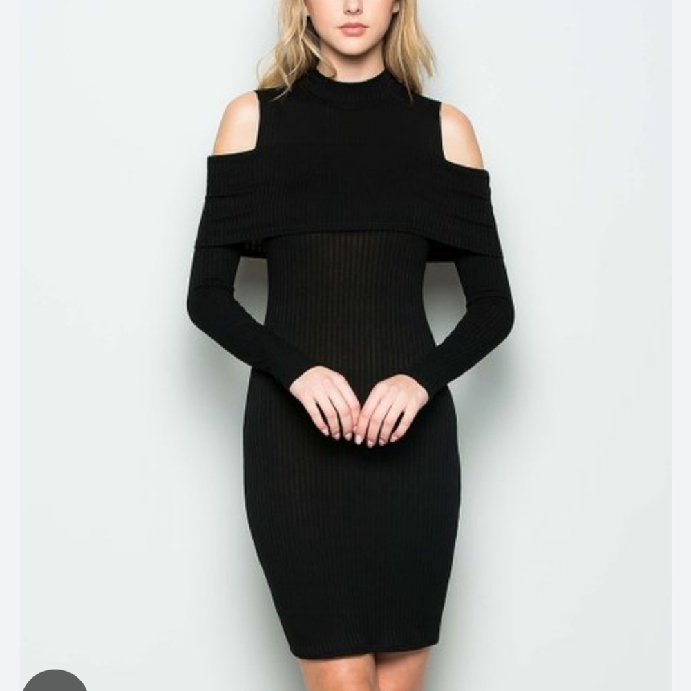 CY Fashion Ribbed Bodycon Black Cold Shoulder, Long Sleeve Fitted Dress hp 10x🔥 - Picture 8 of 13